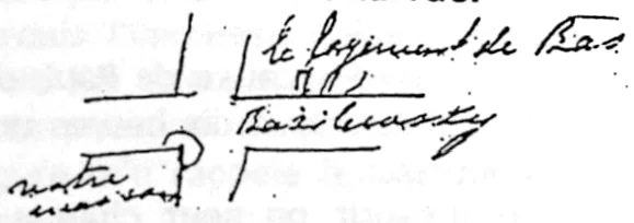 Quelques traits de plume formant un plan des maisons voisines, annotés à la main : le fragment de Bas., Basilewsky, notre maison