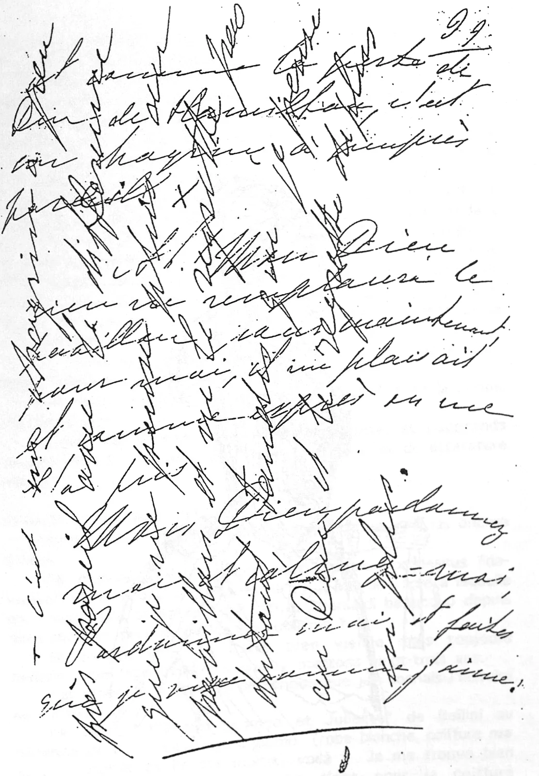 Page manuscrite de Marie, écriture penchée barrée de longs traits obliques ; on lit notamment « duc de Hamilton », « Mon Dieu », « pardonnez-moi »