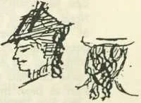 Deux petites têtes dessinées à la plume : à gauche un profil coiffé d'un chapeau haut, à droite une tête griffonnée sous un chapeau