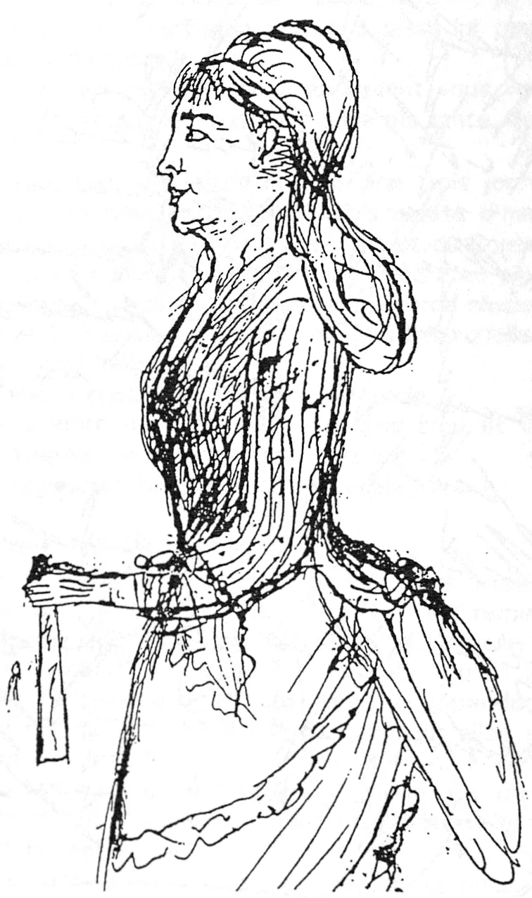 Dessin à la plume d'une jeune femme debout, de profil, cheveux relevés, en robe à corsage ajusté et jupe drapée, un ruban à la main
