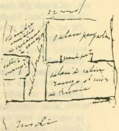 Plan griffonné à la plume : pièces rectangulaires annotées « salon Pompadour », « salon de satin rouge et cuir de Russie », « nord », « midi »