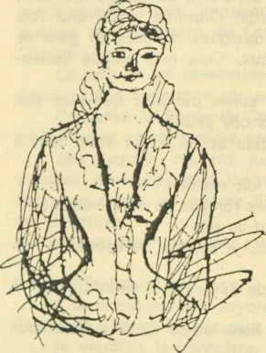 Dessin à la plume d'une jeune femme de face, cheveux relevés, une fraise de dentelle autour du cou, casaque ouverte devant
