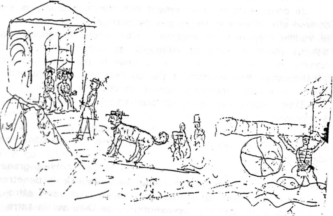 Dessin à la plume : à gauche une voiture couverte où sont assises deux personnes, un homme en chapeau debout, au centre un gros chien coiffé d'un chapeau, au fond des passants, à droite un homme portant une roue