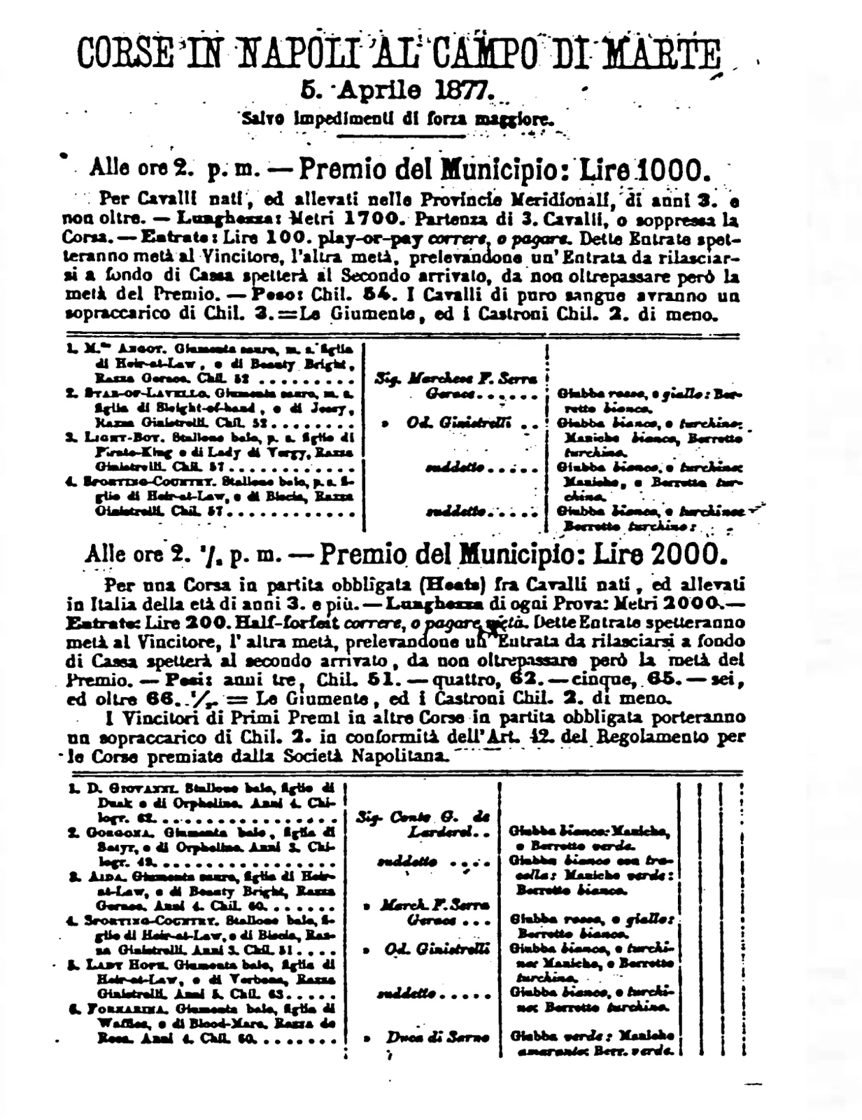 Programme imprimé des courses de Naples au Campo di Marte, 5 avril 1877 (1re page)