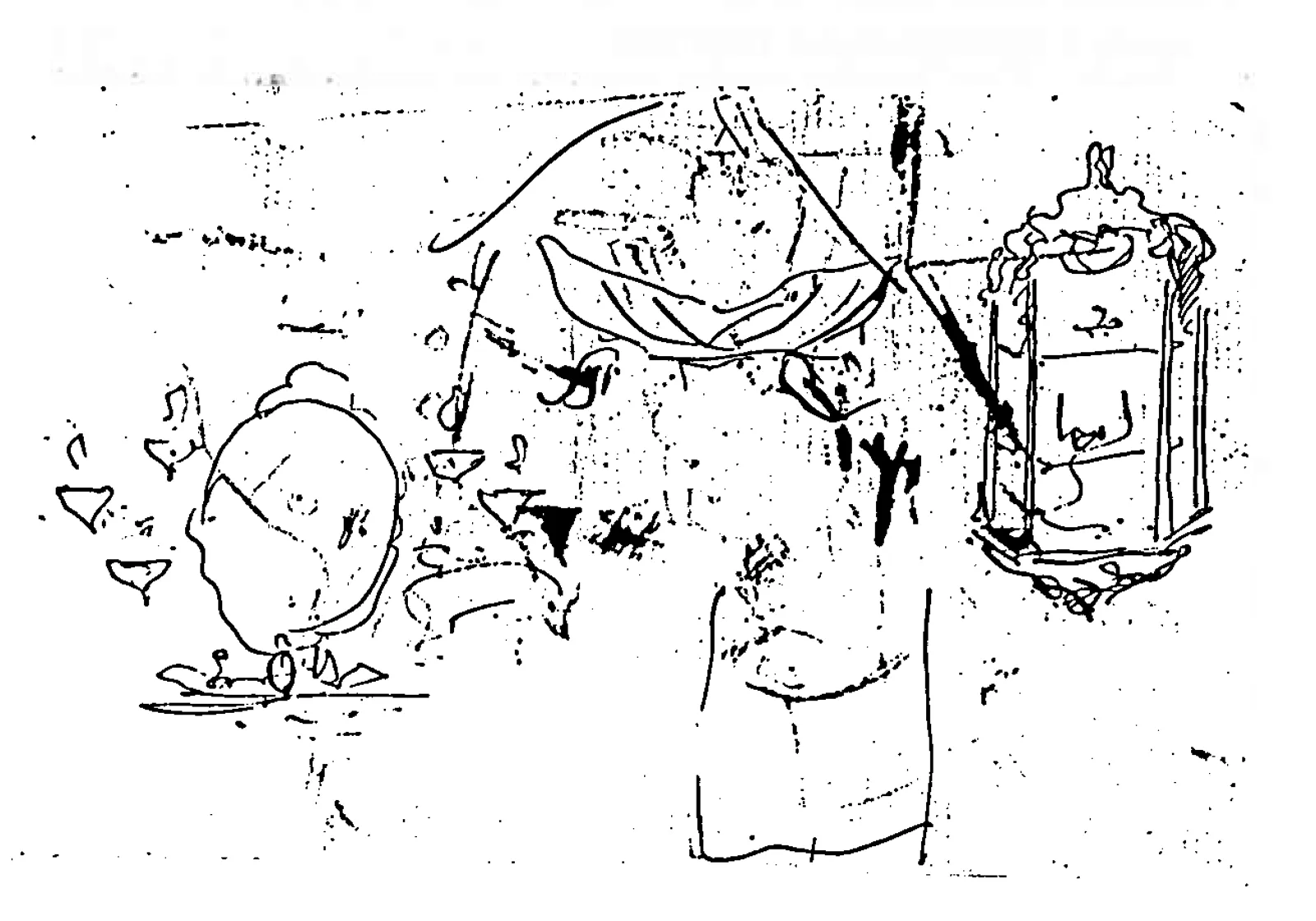 Croquis à la plume, en partie effacé : à gauche une tête ronde entourée de petits triangles, au centre une silhouette drapée d'une écharpe, à droite une lanterne ouvragée portant des signes illisibles