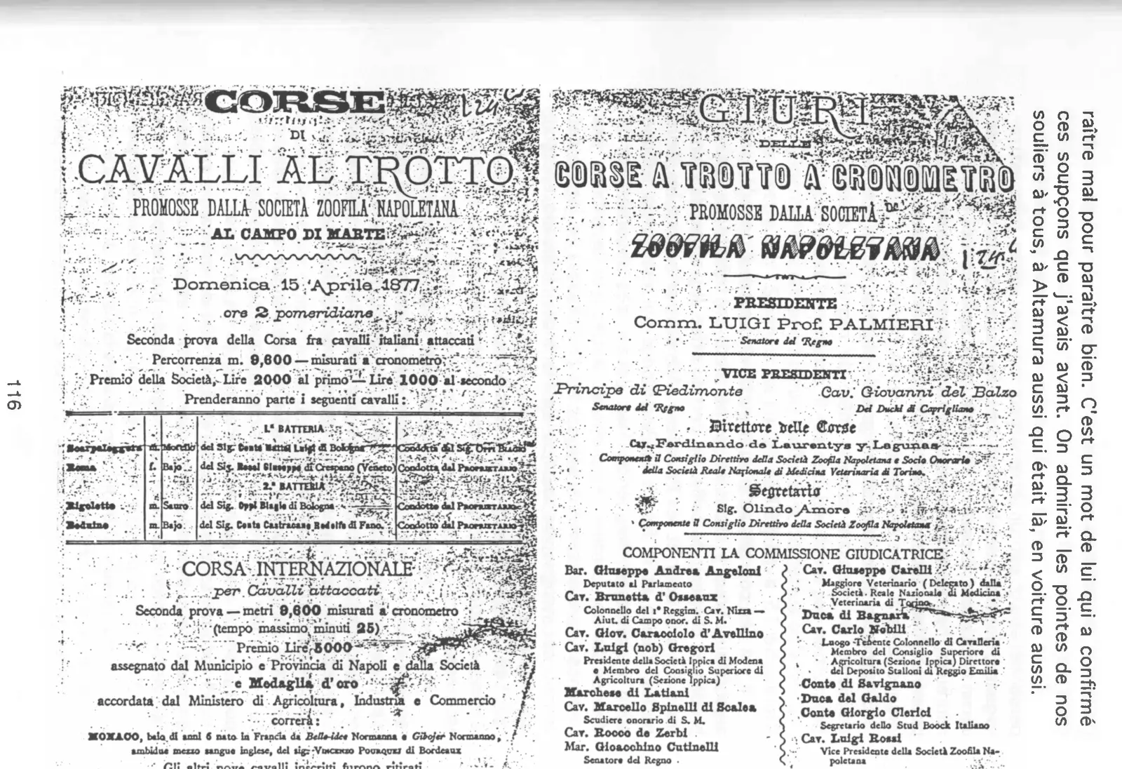Programme imprimé et jury des courses au trot de la Società Zoofila Napoletana, 15 avril 1877 (deux feuilles collées)