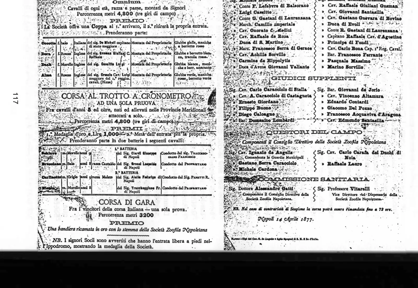 Programme imprimé des courses au trot, 15 avril 1877 : courses entre messieurs, course au chronomètre, juges et commission sanitaire