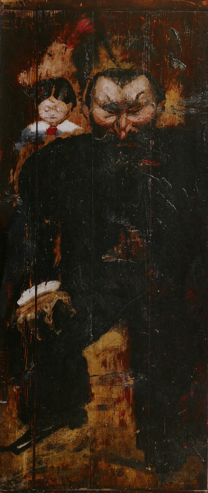 Tall narrow caricature in oils of Rodolphe Julian, painted by Marie Bashkirtseff around 1878