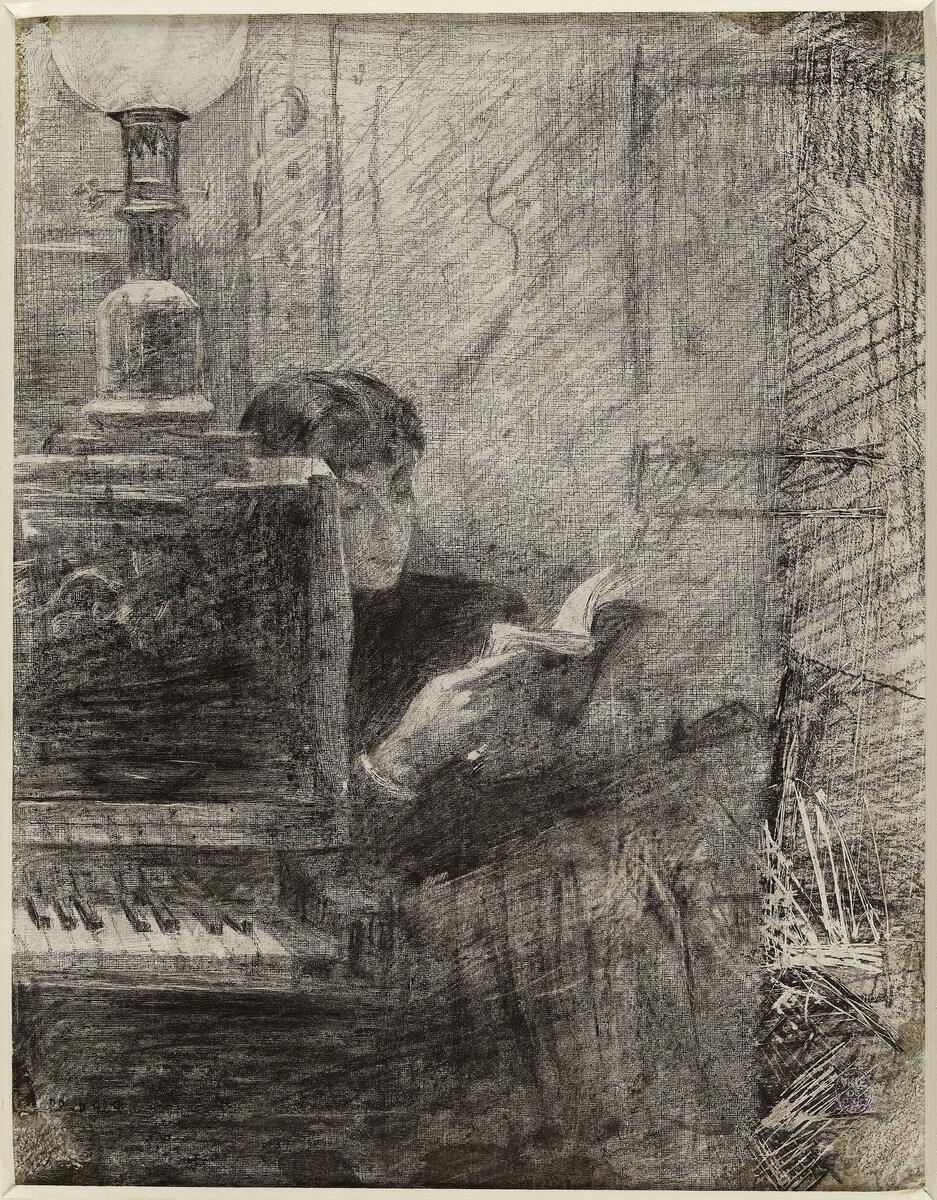 Drawing of a woman reading, seated at the corner of a piano, by Marie Bashkirtseff