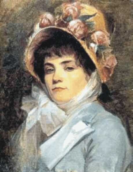 A young woman in a straw bonnet heaped with pink roses, tied under the chin with a white bow, in a pale blue jacket