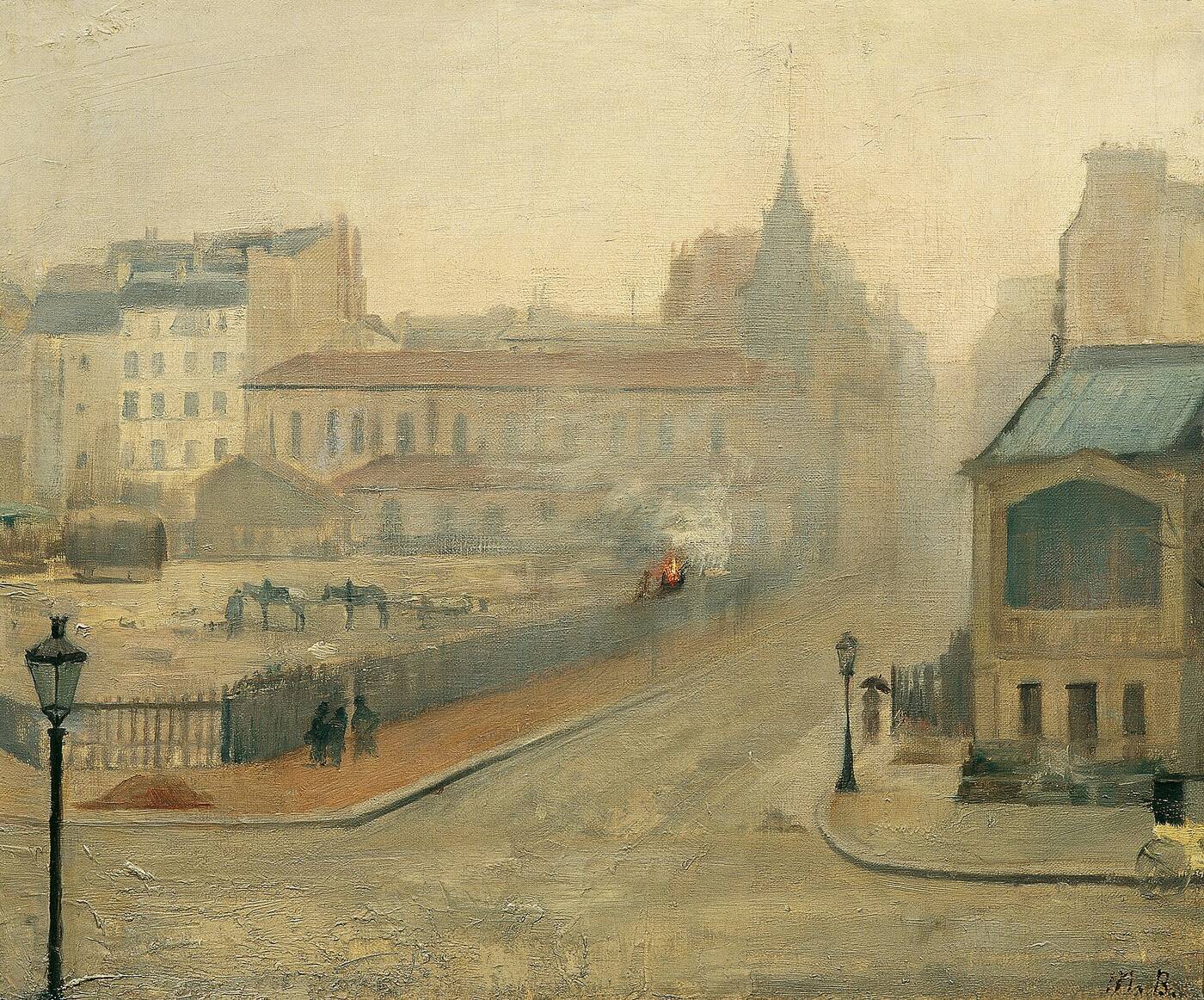 A city street under thick fog: a broad road descending between hazy pale buildings, iron railings and gas lamps, small dark figures on the pavement, horses and carts on waste ground, and a plume of white steam lit by a spot of orange fire.