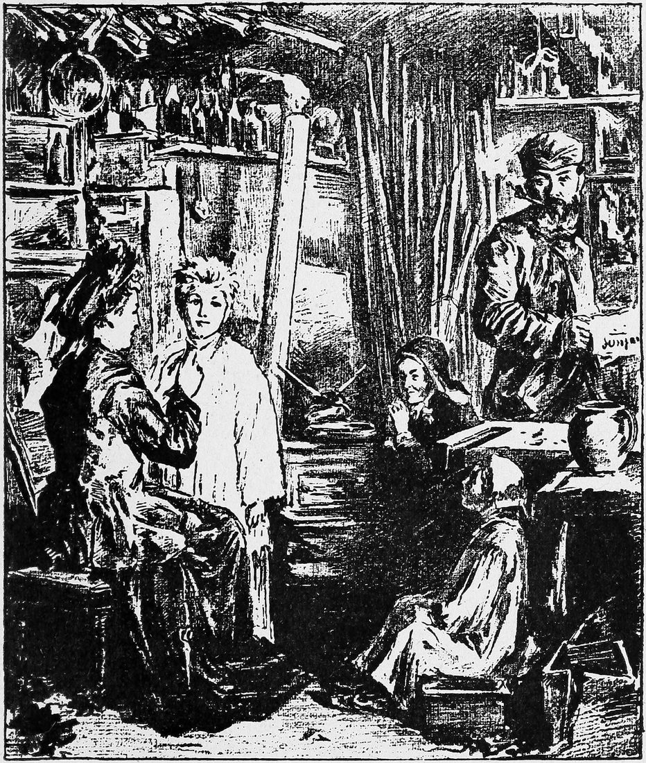 A dark workshop crowded with tools and bottles: at left a seated woman fits a white surplice on a boy, a little girl sits on a crate, an old woman with joined hands sits by the stove, and a bearded man stands at the workbench holding a newspaper