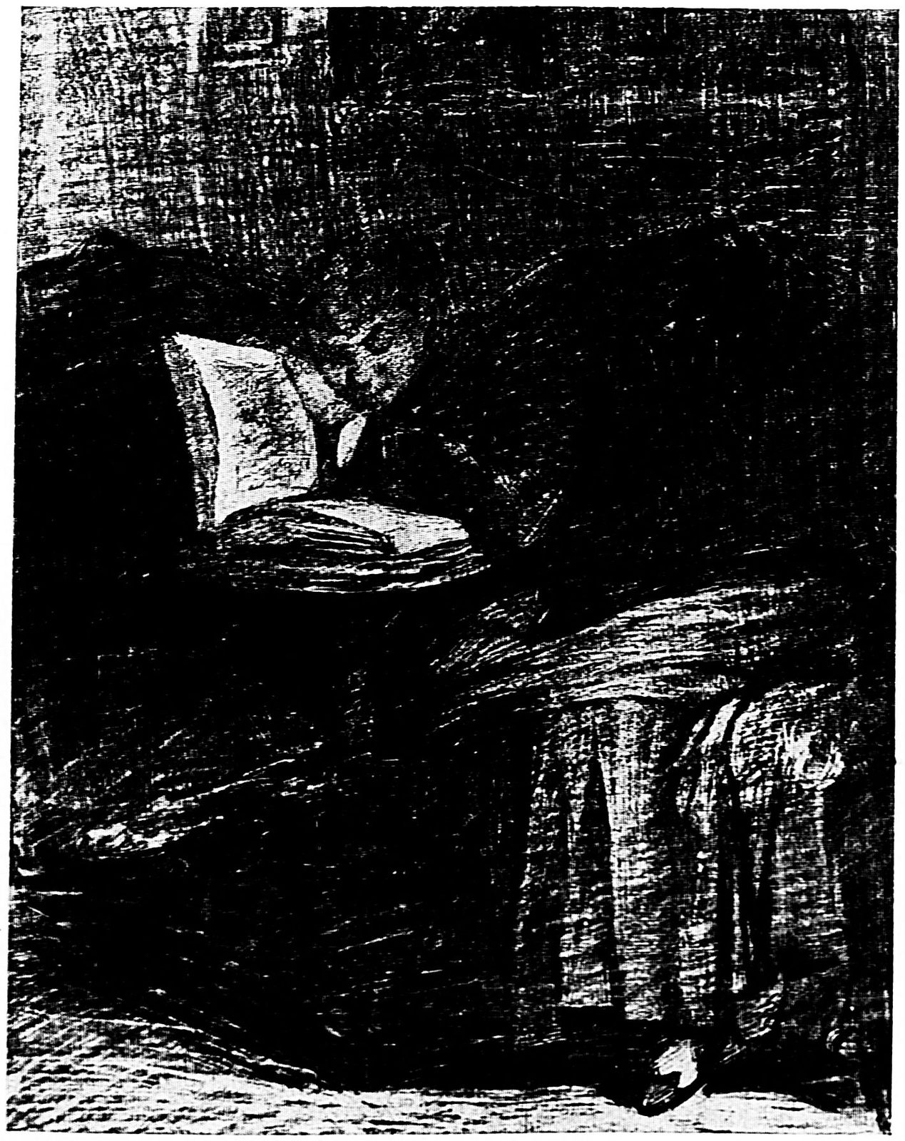 Engraved plate of a woman asleep half-lying on a sofa, an open book at her head