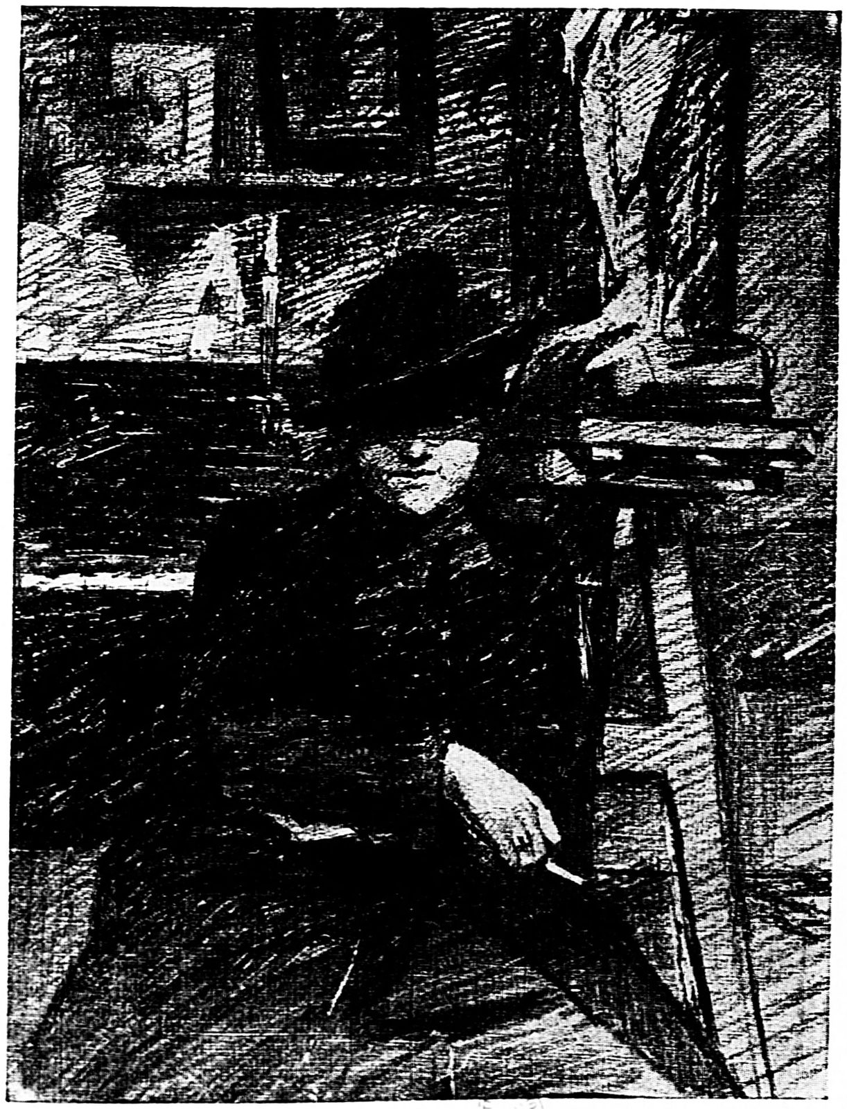 Engraved plate of a woman in a dark dress and hat seated in a studio, a cigarette held low in her right hand