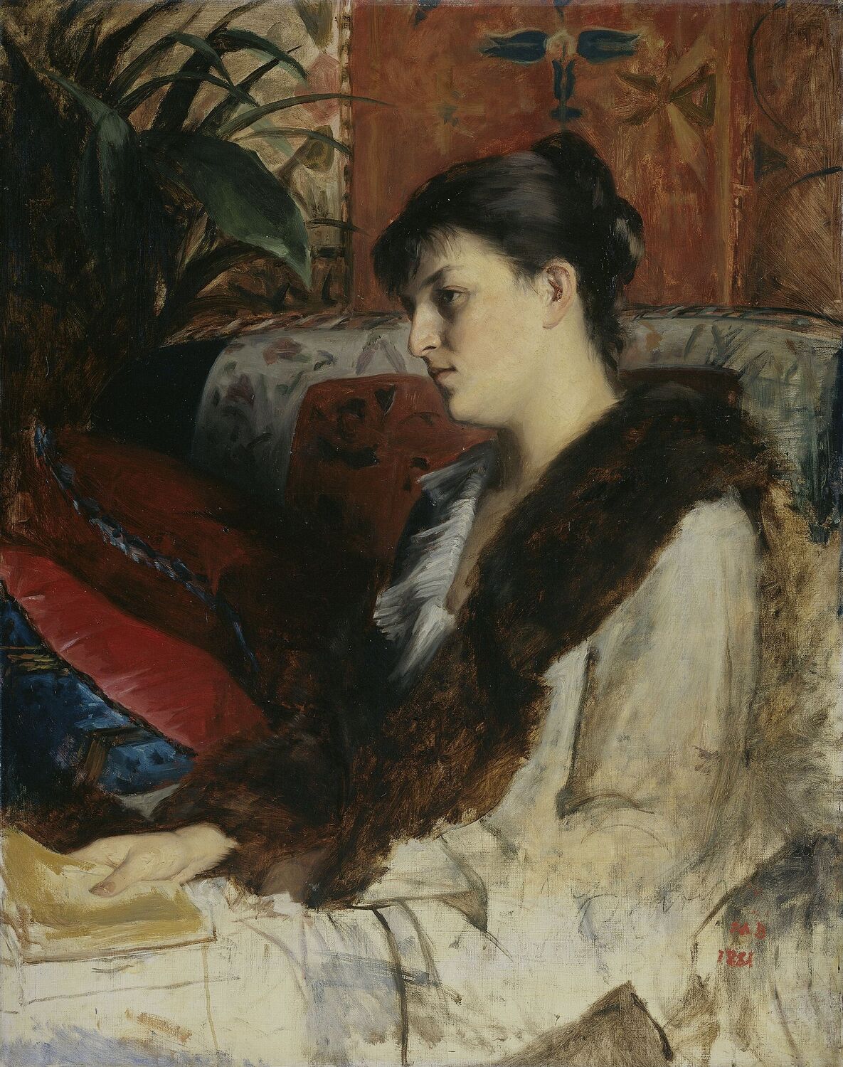 A young woman in a dark dress seated in three-quarter view, painted by Marie Bashkirtseff in 1881