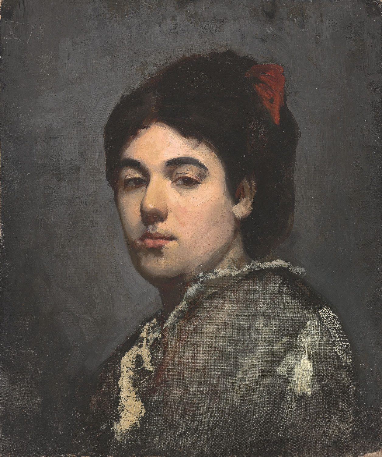 Head and shoulders of a dark-haired young woman with a red bow in her hair, in a grey bodice with a white lace collar, against a plain grey ground