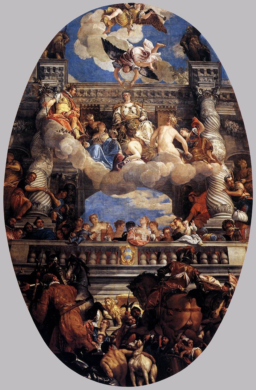 Oval ceiling painting: Venice, a crowned woman in white and gold, enthroned on clouds between twisted columns above a balustrade crowded with Venetians and mounted soldiers