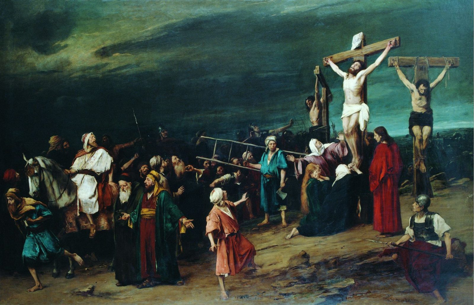 Christ on the cross between the two thieves under a dark green storm sky, a crowd of Jews in rich robes at left, women weeping at the foot of the cross, a Roman soldier at lower right