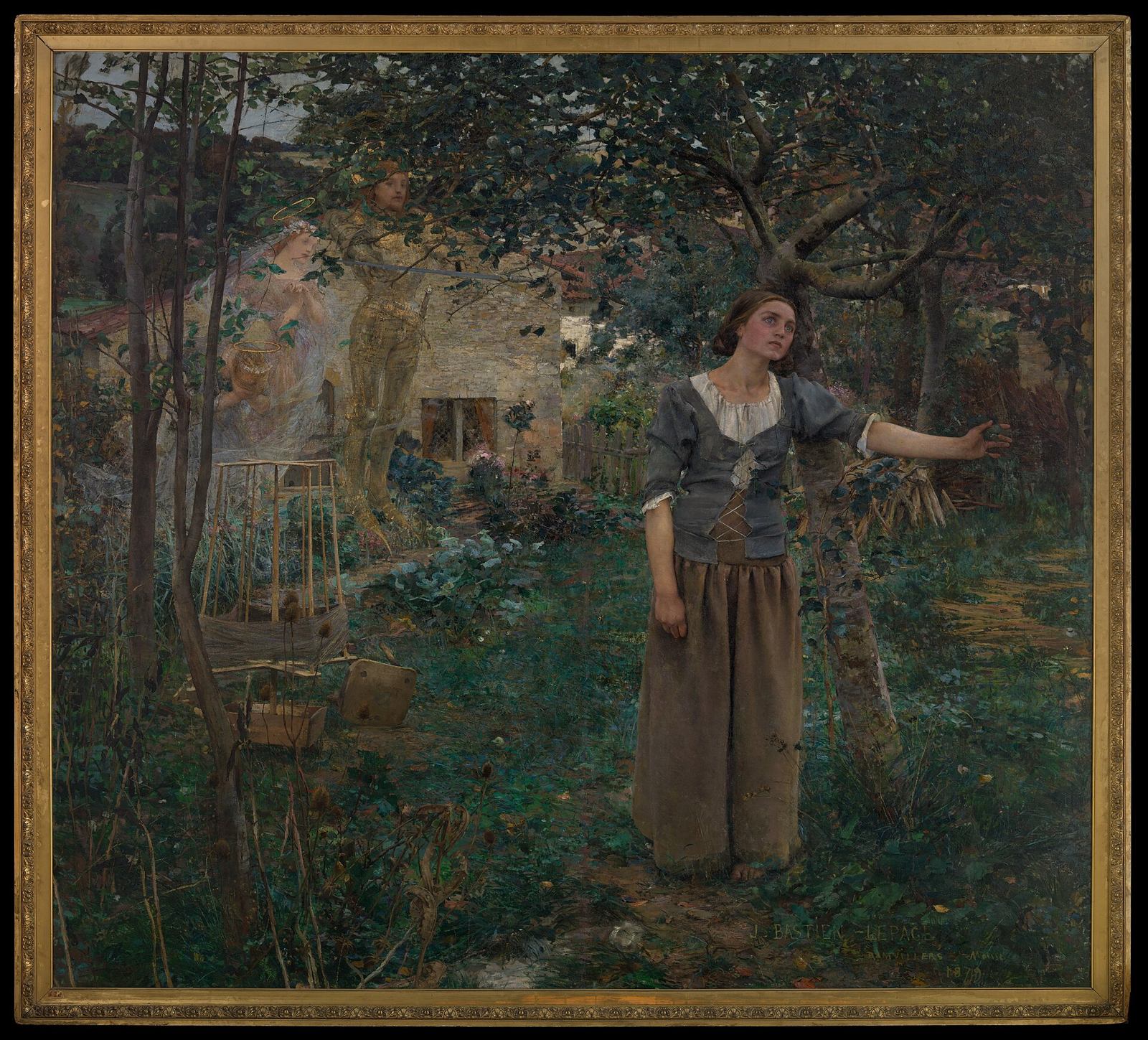 A young peasant woman in a faded blue dress stands in a sunlit orchard garden with her hand on an apple tree, staring ahead in a trance, while three translucent armoured and robed figures hover faintly behind her in the foliage