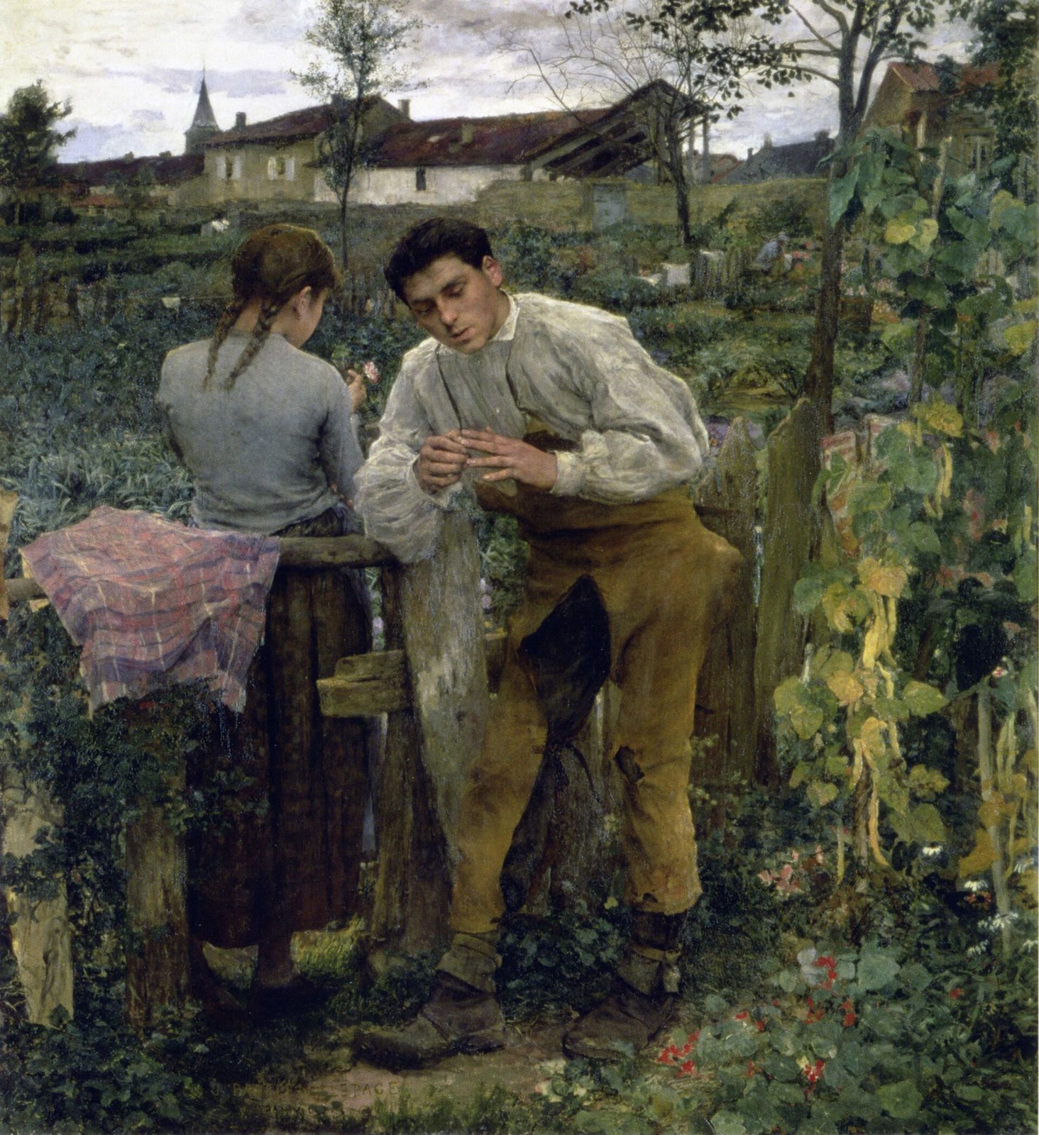 A girl seen from behind in a kitchen garden, head bowed, a flower in her hand, leans on a wooden fence; on the other side a young man in a straw-coloured jacket looks down at his fingers; a village roof line behind