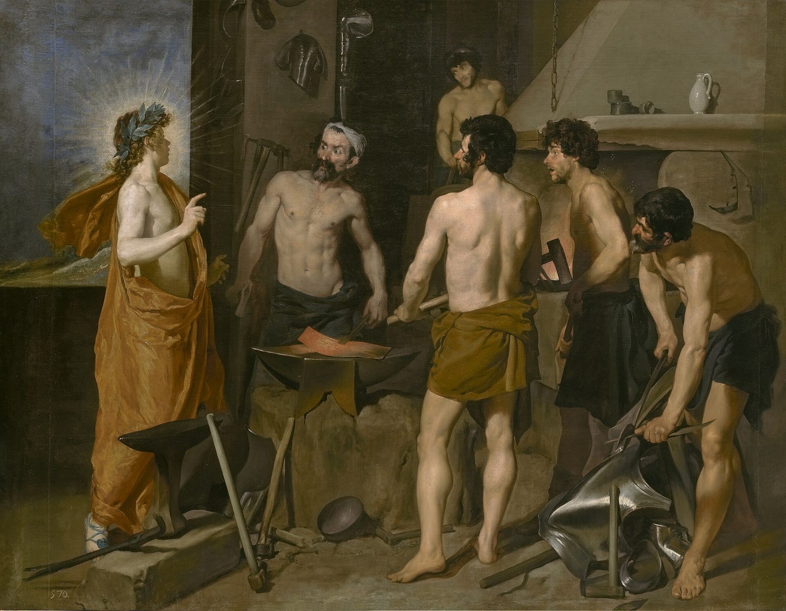 In a smoky smithy the sweating blacksmith god Vulcan and four workmen at the anvil turn in astonishment to the radiant, laurel-crowned Apollo who has come to tell them of Venus's infidelity