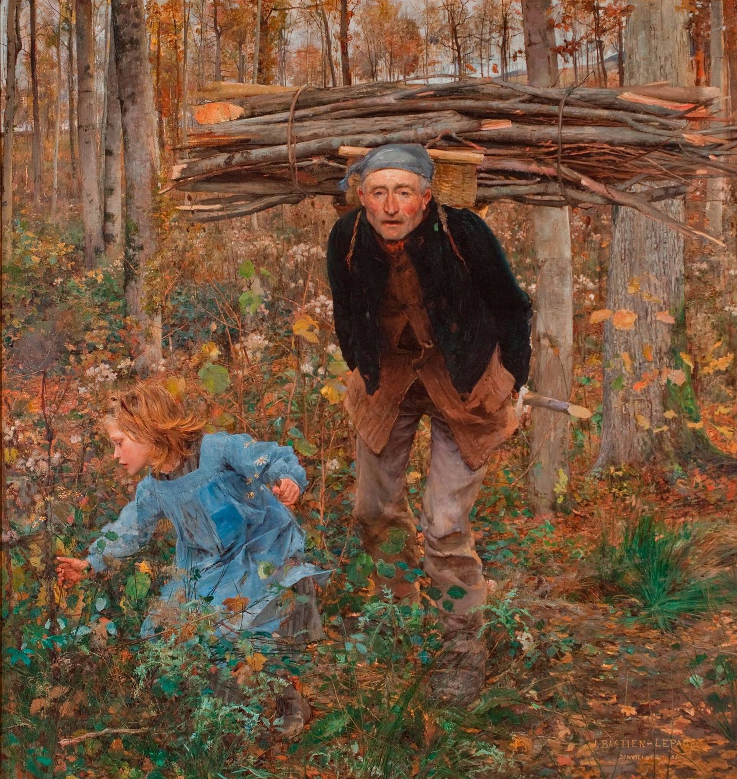 An old man in a worn blue smock with a huge bundle of firewood on his back walks through a sparse autumn wood, a small girl in front of him stooping to pick flowers