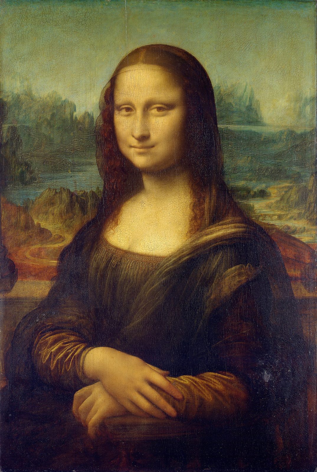 Half-length portrait of a woman with long dark hair and a faint smile, hands folded, before a hazy landscape