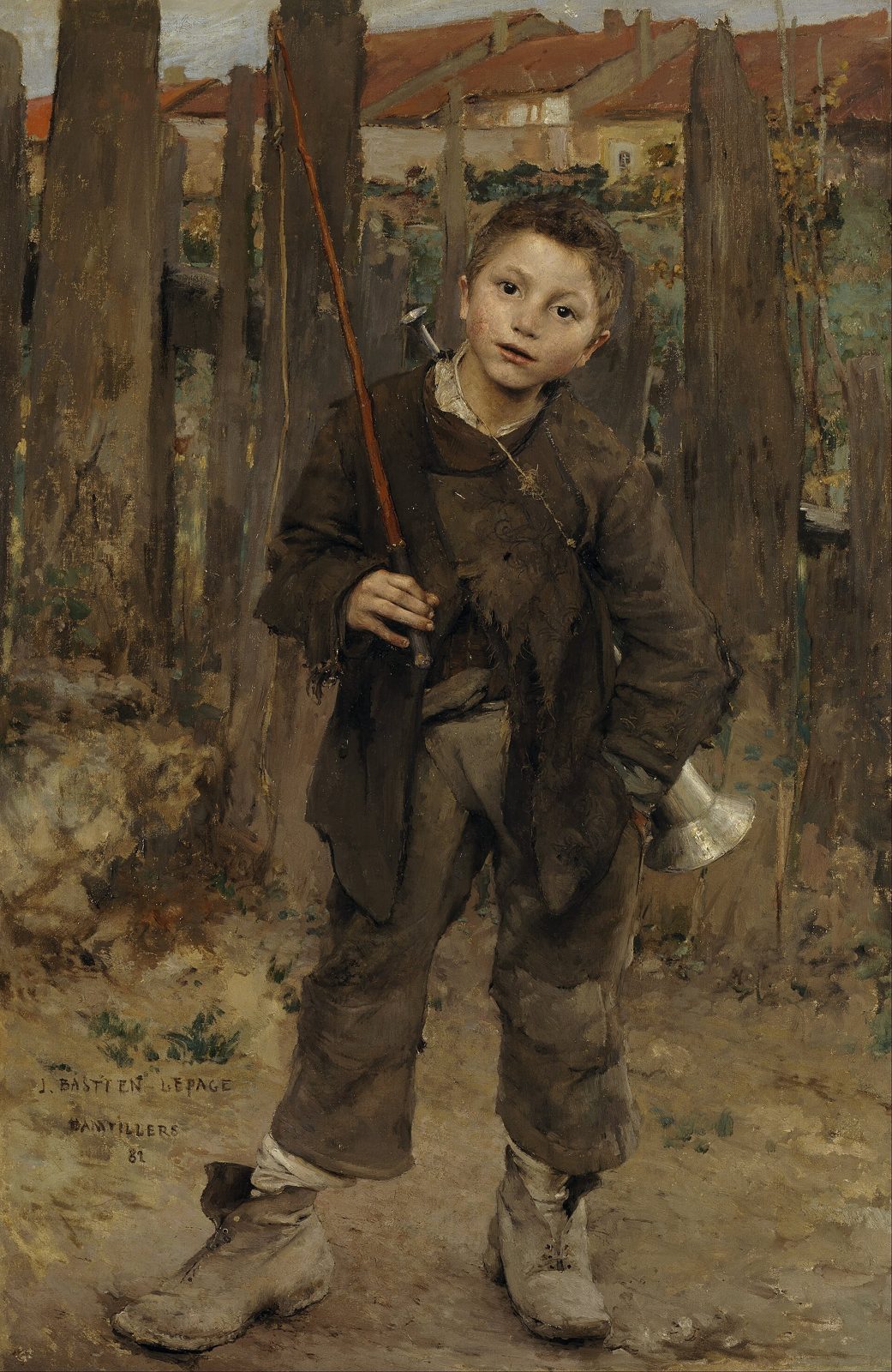 A ragged boy of about twelve stands full-length in dark, patched clothes and big boots before a fence and a hazy townscape, a whip over one shoulder and a horn at his belt, looking straight out