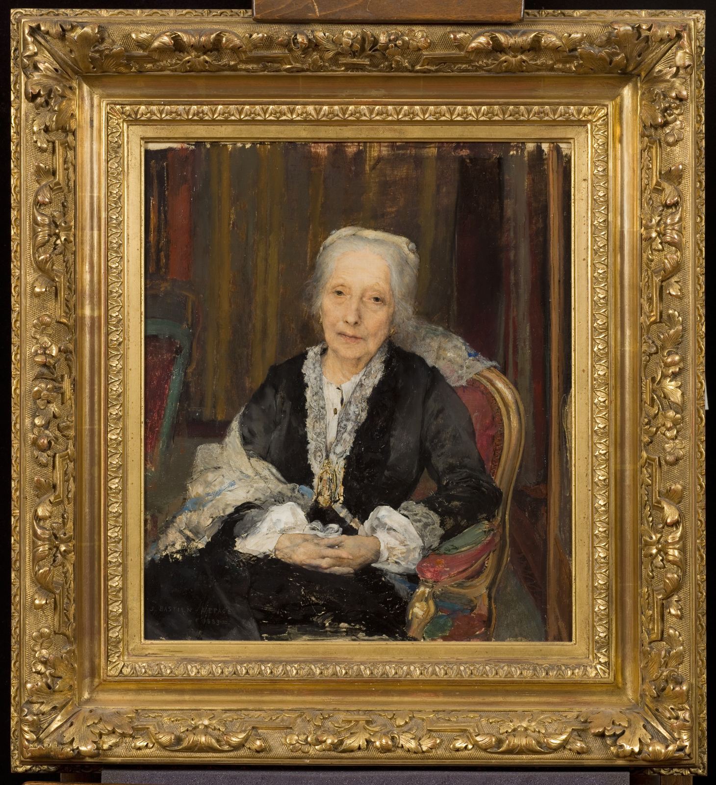 Small bust portrait of the elderly Juliette Drouet, white-haired, in dark clothes