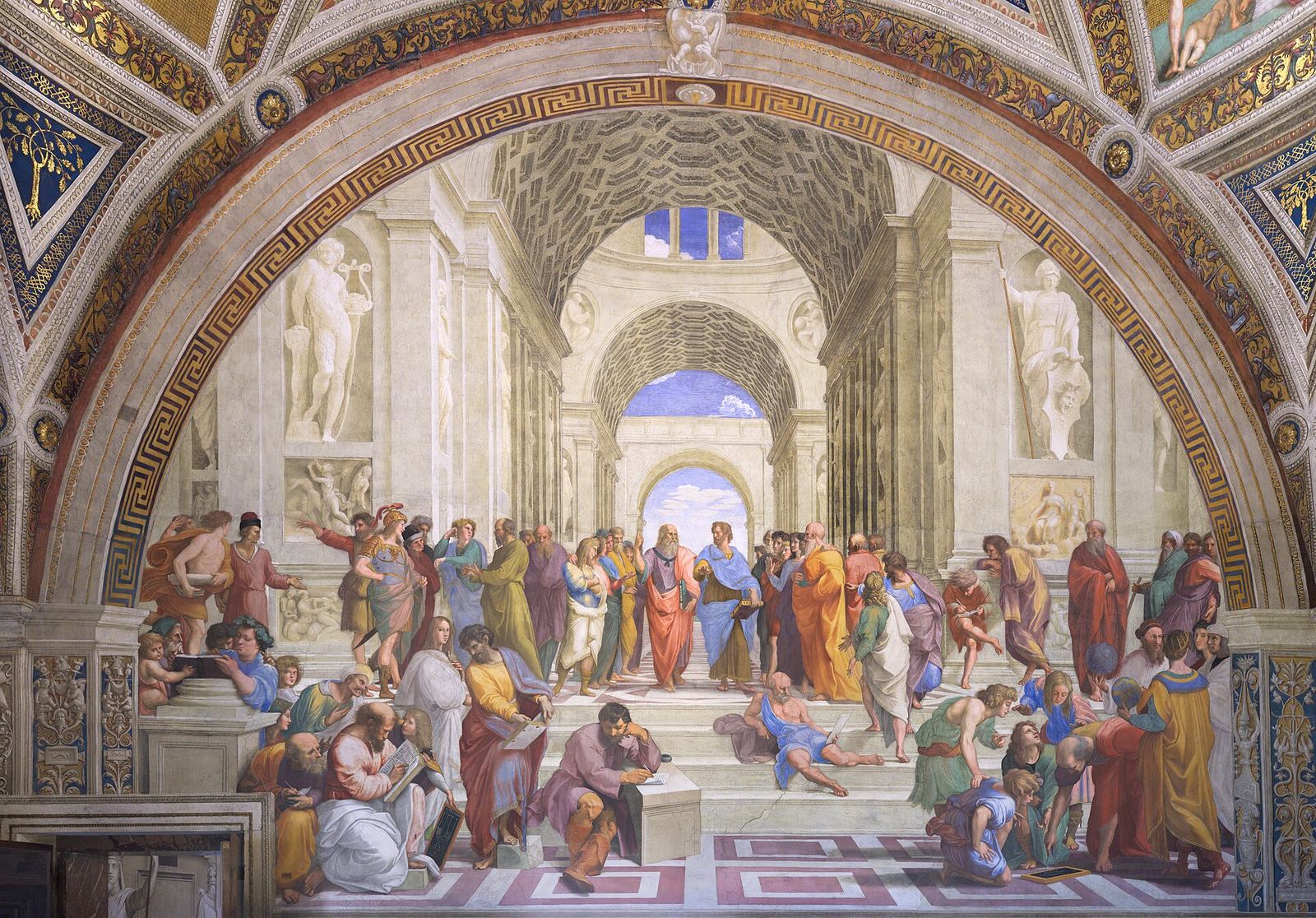 Fresco of ancient philosophers in a vaulted hall, Plato and Aristotle walking at the centre