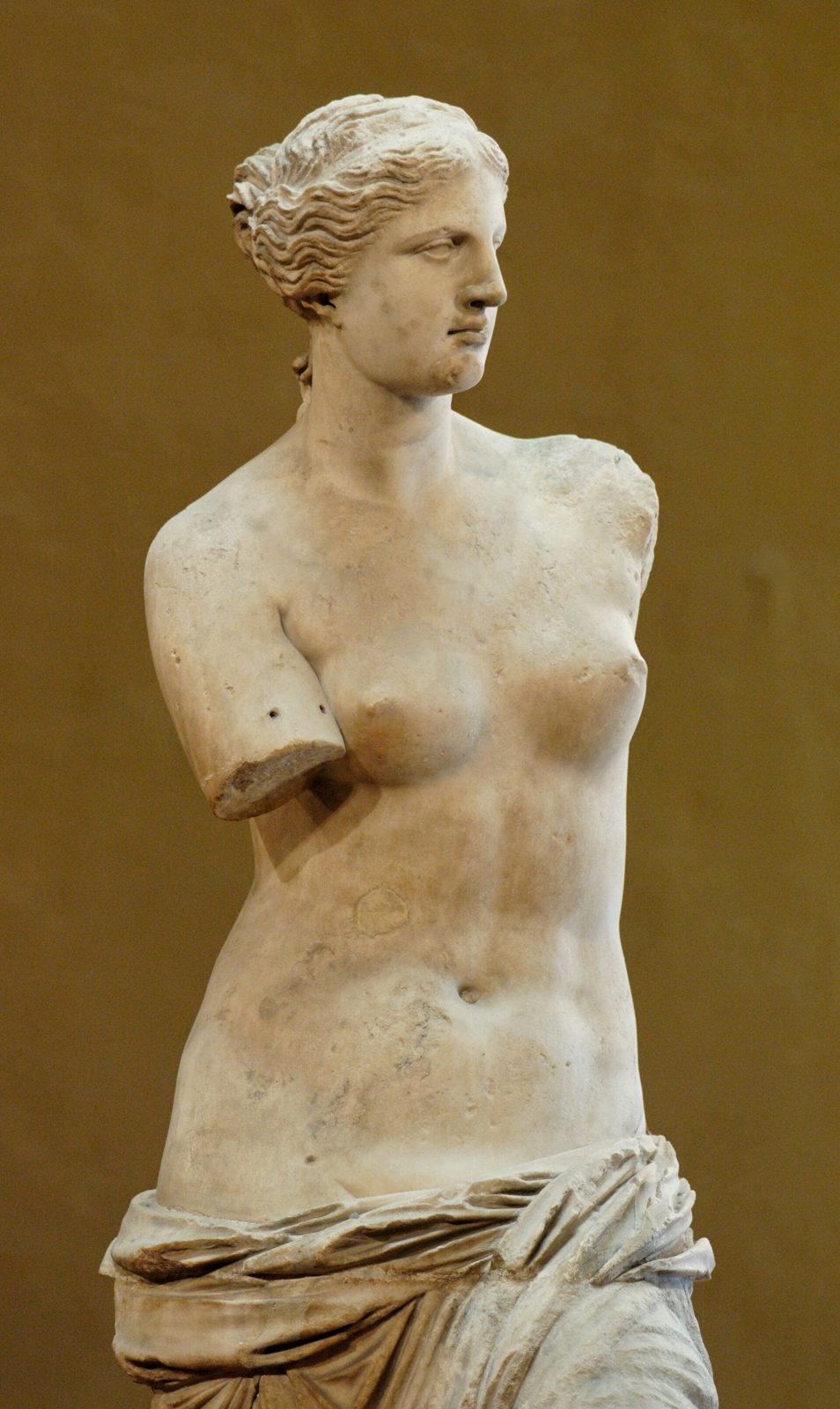 The armless marble Aphrodite standing in a slight spiral, her torso bare and a heavy drapery slipping down over her hips