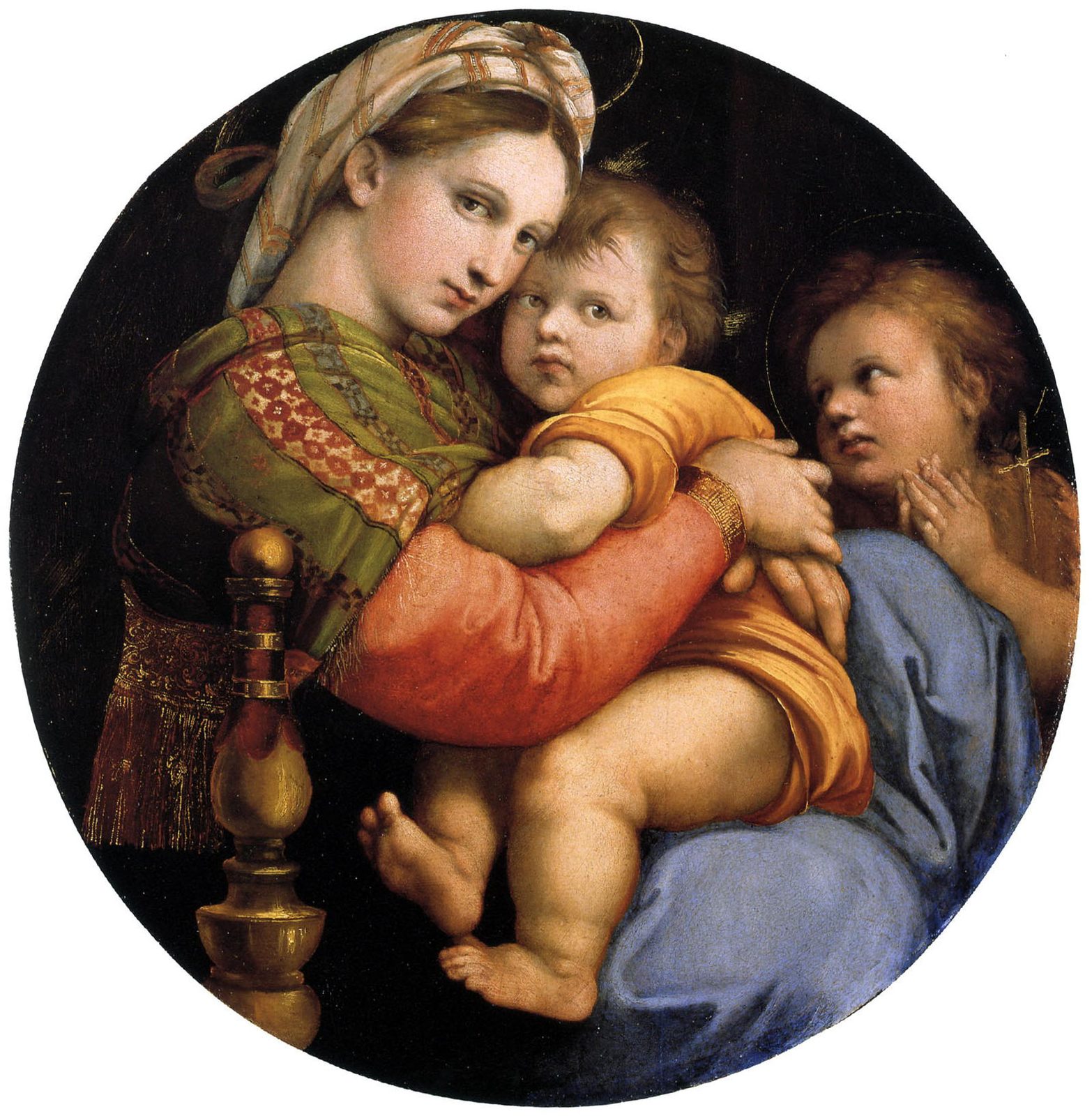Round painting of the Virgin in a striped headscarf holding the Christ Child close, with the young John the Baptist at the right, seen in close-up